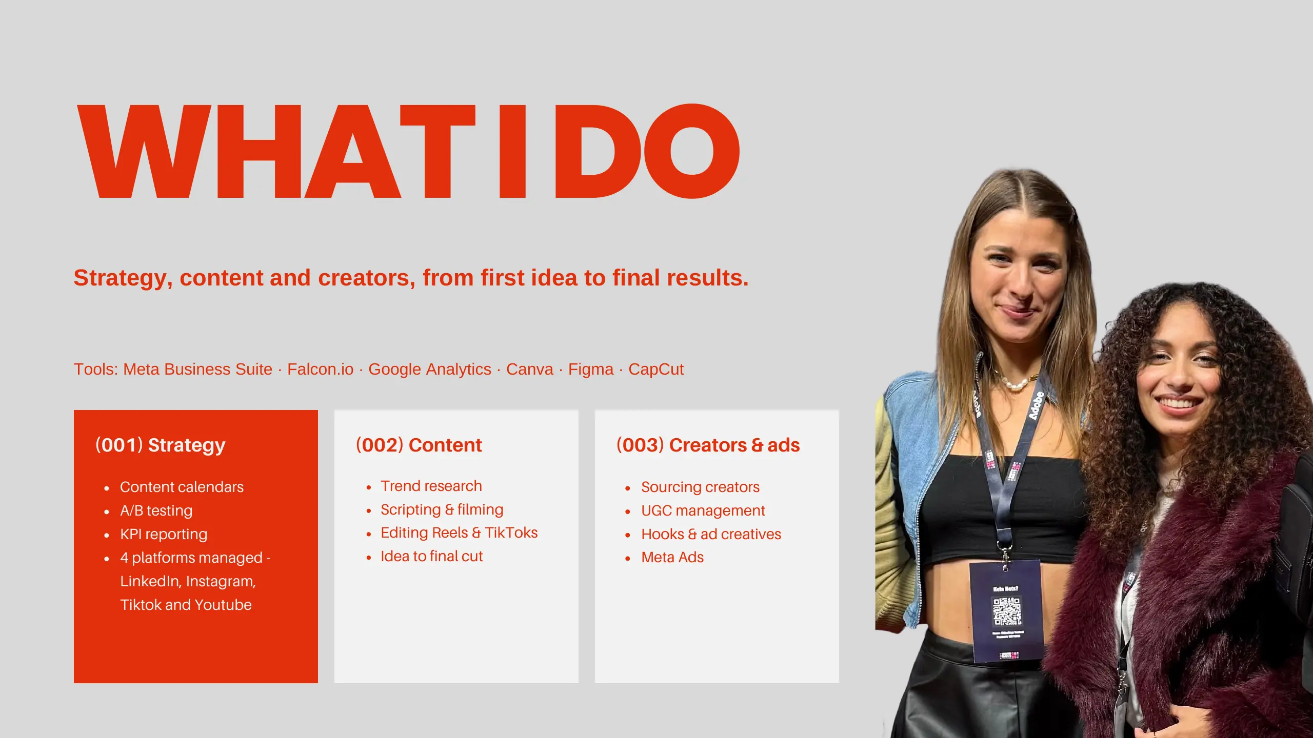 What I do: Strategy (content calendars, A/B testing, KPI reporting, LinkedIn, Instagram, TikTok and YouTube), Content (trend research, scripting and filming, editing Reels and TikToks), Creators and ads (sourcing creators, UGC management, hooks and ad creatives, Meta Ads). Tools: Meta Business Suite, Falcon.io, Google Analytics, Canva, Figma, CapCut.